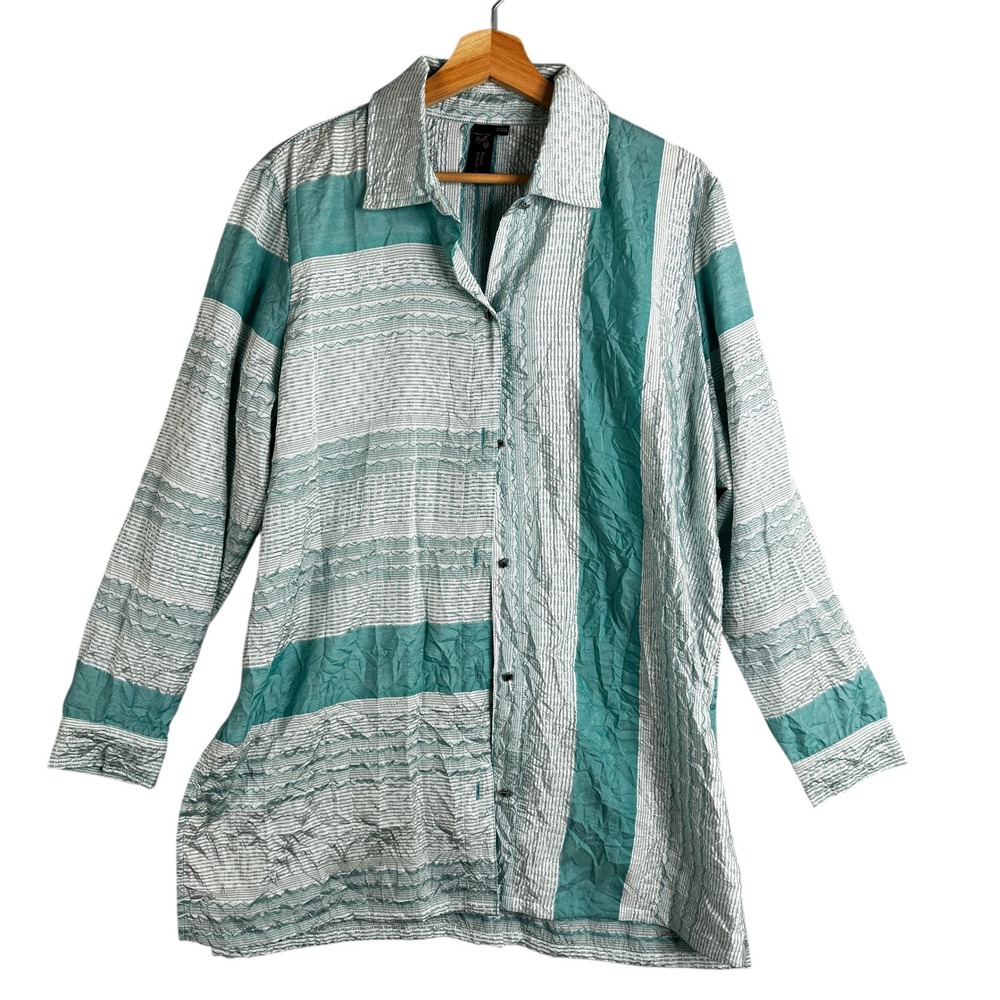 Focus Casual Life Striped Textured Button Up Long Sleeve Shirt Top Womens Size L